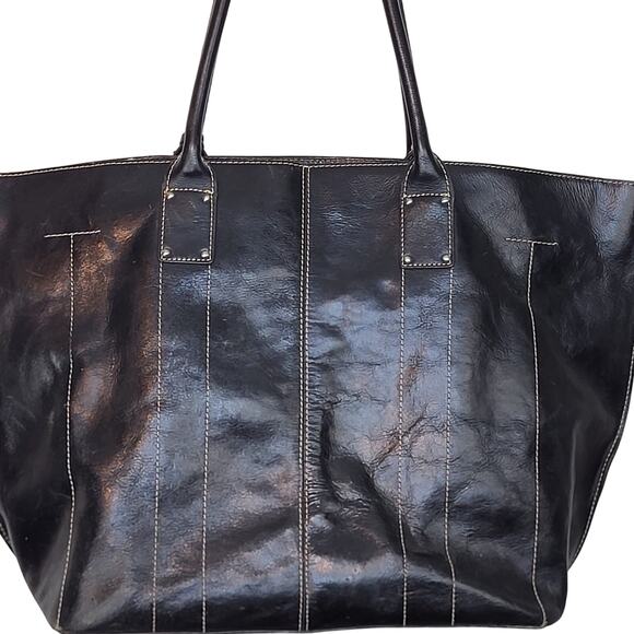 Etienne Aigner Large Black Leather White Stitch Tote Great Computer or Beach Bag - Picture 7 of 10